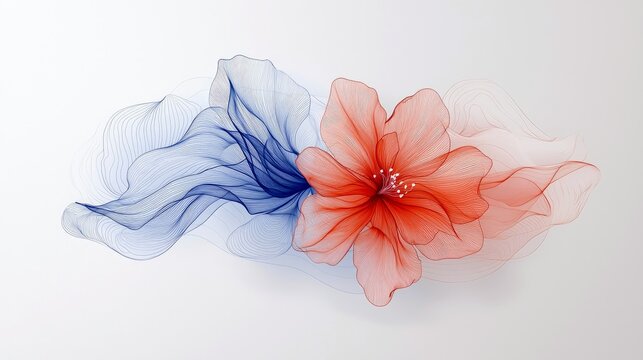 A delicate, translucent red flower with wispy blue and red tendrils flowing outwards on a clean white background. - Powered by Adobe