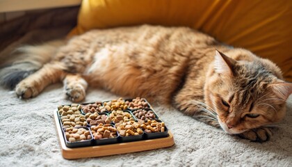 Peaceful Orange Tabby Cat Napping on Carpet Near Bowl of Dry Food