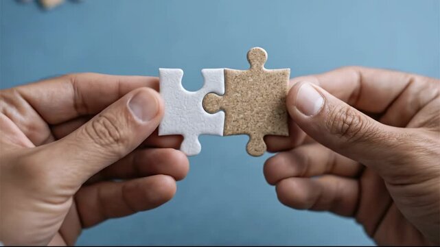 A persons hands fitting together two interlocking jigsaw puzzle pieces one white and one brown over a blue surface