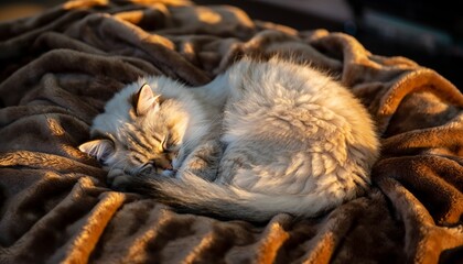 Peaceful Fluffy Cat Curled Up Asleep on a Cozy Blanket