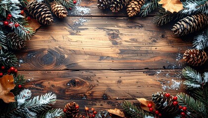 Festive winter decoration with pinecones and greenery on rustic wooden background during the holiday season