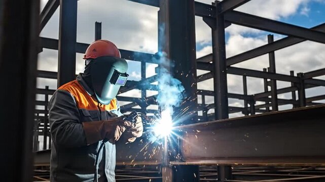 Welder at Work - Constructing Steel Structures with Precision.