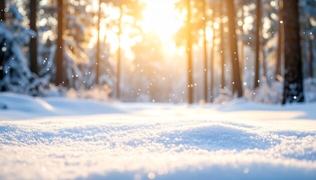 Snow-covered forest pathway lit by warm sunlight in early morning hours - Powered by Adobe