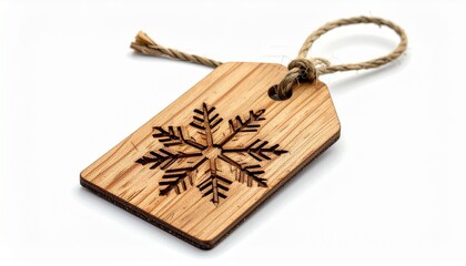 Fototapeta premium Wooden snowflake tag hanging on twine for winter decoration or holiday gifts