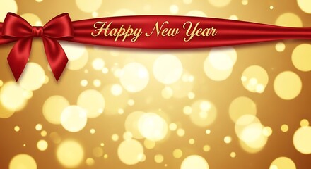Festive golden bokeh background with a red satin ribbon banner displaying happy new year greeting and bow