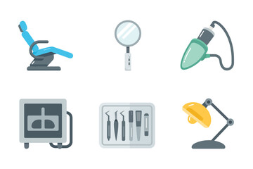 Modern dental office set, reclining chair, inspection mirror, overhead light, x-ray monitor, tool tray, curing lamp, vector
