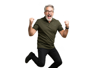 Excited older man jumping with fists raised isolated on transparent background