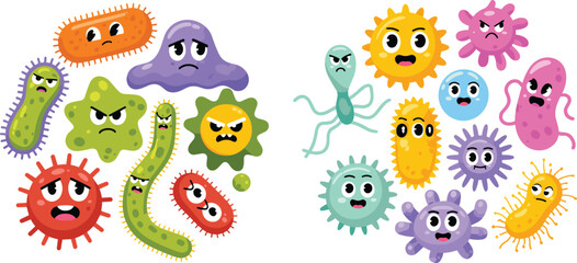 Cute colorful bacteria and virus cartoon characters illustration, funny germs and microbes with expressions, science biology education concept background