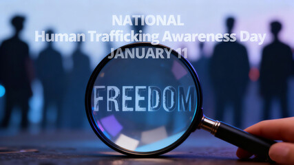 Magnifying Glass Freedom Element, Human Trafficking Awareness Day, Free Pursuit and Anti Traffic Concept, suitable for social welfare and human rights propaganda materials.
