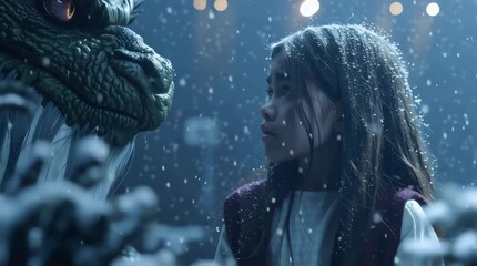 Una niña se encuentra cara a cara con un majestuoso dragón de hielo en un paisaje invernal.