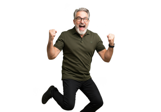 Excited older man jumping with fists raised isolated on transparent background