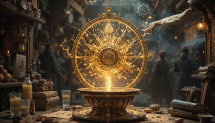 Mystical energy emanating from a golden circle with intricate patterns in magical setting