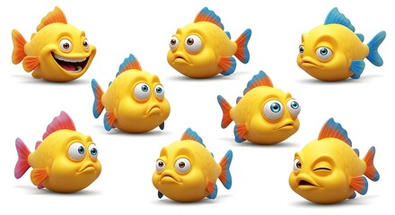 A set of cute cartoon yellow fish clip art illustrations featuring various expressive emotions and color variations, isolated on a clean white background