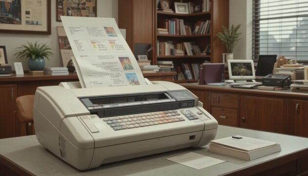 Retro office setting with a vintage dot matrix printer churning out documents in a workspace