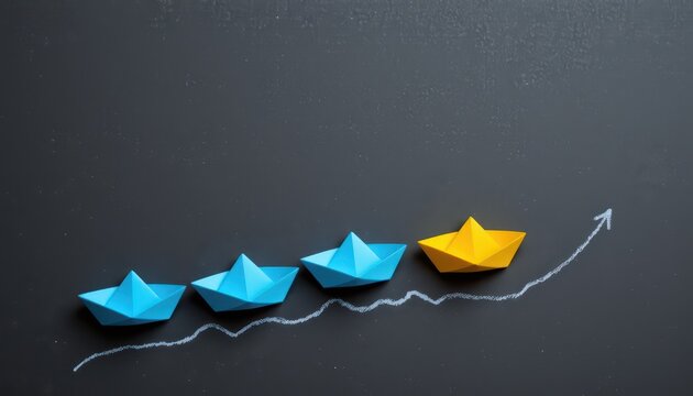 Colorful Paper Boats Moving Upward in a Business Growth Concept on Dark Background
