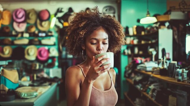 Una joven disfruta de una bebida en una tienda con una atm&oacute;sfera bohemia.