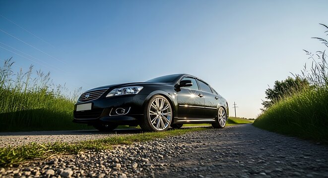 Glossy black sedan displaying stylish wheels on a rough road with electricity pylons in the background.