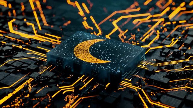 Night mode Technology Concept with moon symbol on a Microchip. Orange Neon Data flows from the CPU across a Futuristic Motherboard. Seamless Loop.