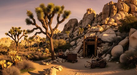 Desert Mine Entrance with Joshua Trees at Sunset.