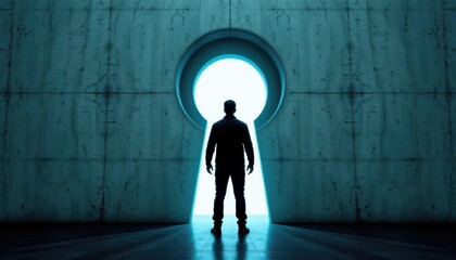 Obraz premium Silhouette of a Man Standing in Front of a Giant Keyhole with Ethereal Light Streaming Through in a Dark Room