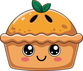 Cute smiling cartoon pie with kawaii face, adorable dessert illustration, sweet bakery food design, cheerful character for Thanksgiving and autumn celebration