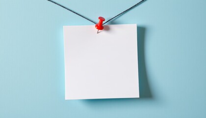 Blank sticky note with red thumbtack hanging on blue background for reminders and notes