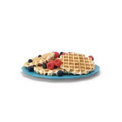waffles topped with fresh raspberries and blueberries on a blue plate