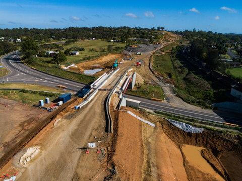 Aerial landscape view of town bypass infrastructure roads under construction