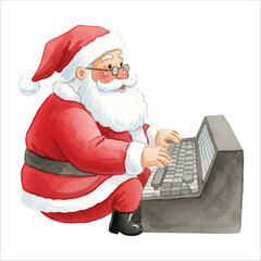 Santa Claus writing an email watercolor vector isolated on white background
