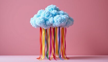 Colorful Cloud with Ribbon Rain on Pink Background for Creative Designs and Illustrations
