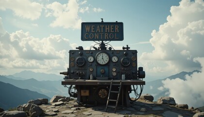 Steampunk Weather Control Machine atop a Mountain Peak under a Cloudy Sky landscape