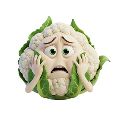 Stressed cauliflower cartoon character with worried expression and hands on face expressing anxiety and fear over food waste and vegetable shortages