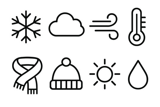 Weather Icon Set. Chilly Conditions linear icon set: snowflake, cloud, wind swirl, thermometer, scarf, hat, sun, droplet