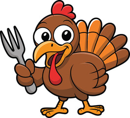 Funny cartoon turkey holding fork for Thanksgiving celebration, cheerful bird character illustration, holiday humor concept, festive poultry mascot artwork