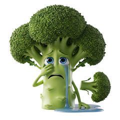 Heartbroken broccoli character shedding tears over lost floret, a whimsical vegan food concept with a touch of humor, perfect for healthy eating campaigns