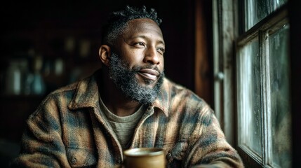 A Black man with a beard and short hair wearing a plaid shirt looks thoughtfully out of a window, holding a cup.