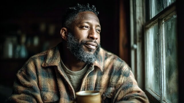 A Black man with a beard and short hair wearing a plaid shirt looks thoughtfully out of a window, holding a cup.