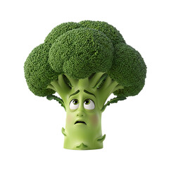 Worried broccoli character with wide eyes and nervous expression, perfect for healthy eating campaigns and children's educational resources