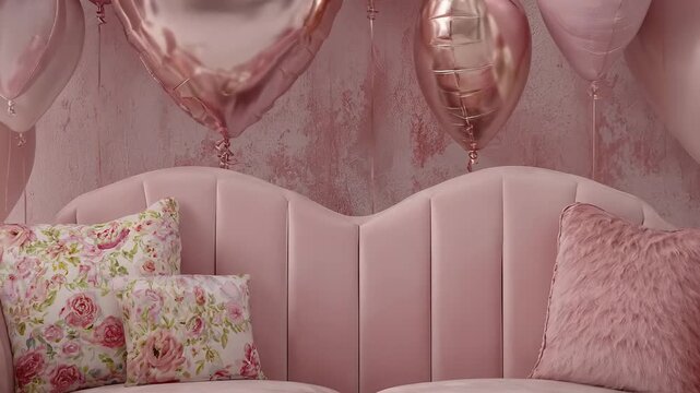 A pink scalloped sofa with floral and furry pillows sits under a cluster of pink heart-shaped balloons
