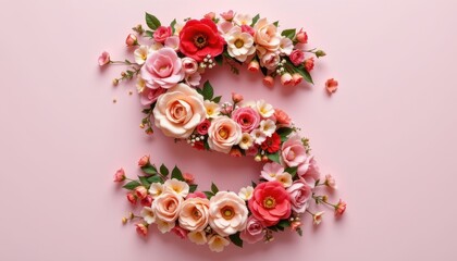 Floral Arrangement Forming the Letter S in Soft Pink Background with Various Blooming Flowers and Green Leaves