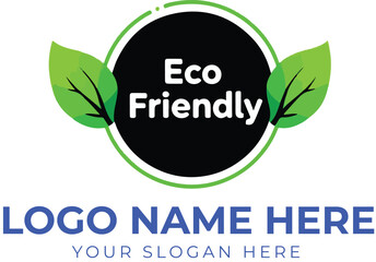 Eco-friendly logo vector with black circle, white text, and green leaves for sustainable product or brand identity