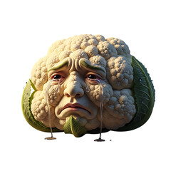 Sad cauliflower with a human face streaming with tears, a surreal and emotional representation of food waste and dietary choices with conceptual depth