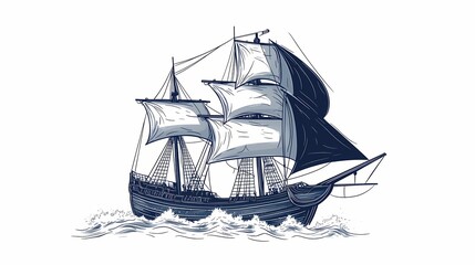 Classic tall ship sails upon choppy ocean waves in a stylized illustration