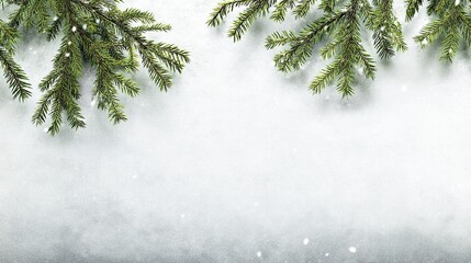 Fir tree branches on snow background with copy space for text, flat lay in new year and Christmas banner concept, high resolution with sharp focus and rich detail.