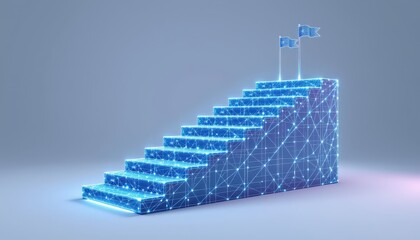 Futuristic Digital Staircase Concept with Flags Representing Aspiration and Success in Technology Space