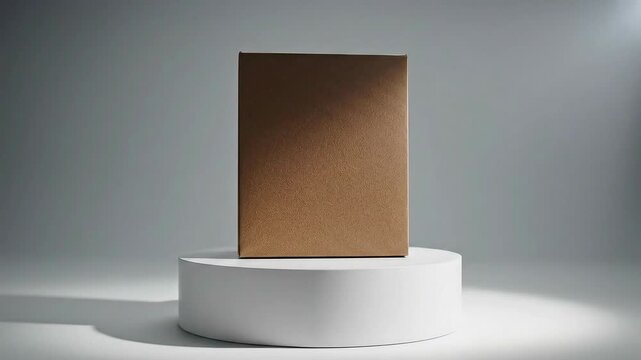 A plain brown textured box stands vertically on a round white pedestal against a gray background with lighting from the left creating a soft shadow
