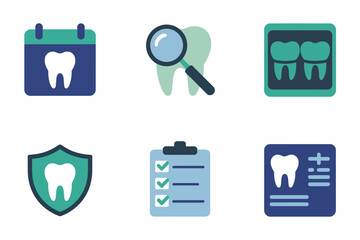 Dental administration pack, schedule calendar, magnifier review, x ray comparison, shield security, clipboard audit, professional clinic vector