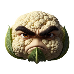 Grumpy cauliflower character with furrowed brow and leafy collar, perfect for humorous health campaigns or food-related content with an edge