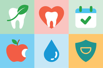 Preventive dentistry tiles, leaf tooth, heart tooth, calendar check, healthy apple, pure water droplet, smiling shield