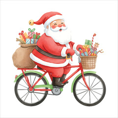 Santa Claus riding a bicycle watercolor vector isolated on white background
